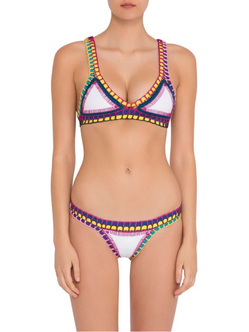 KIINI White two piece Bikini with Pink, Yellow & Teal Crochet Trim size large